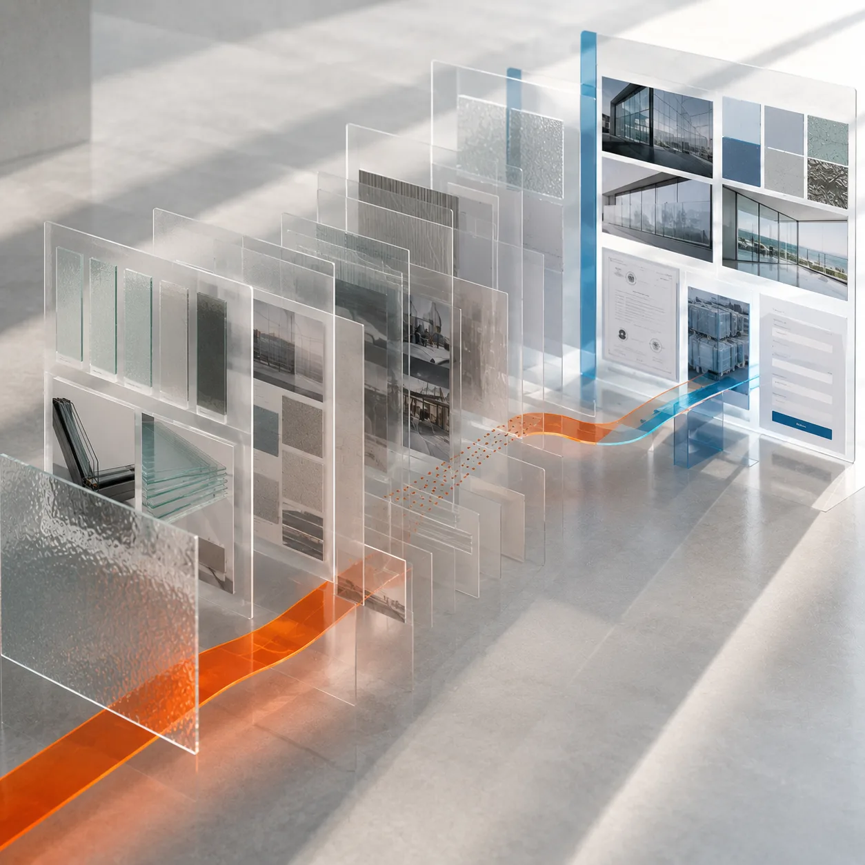 A buyer's orange path moving through translucent website information planes and breaking where key details are missing