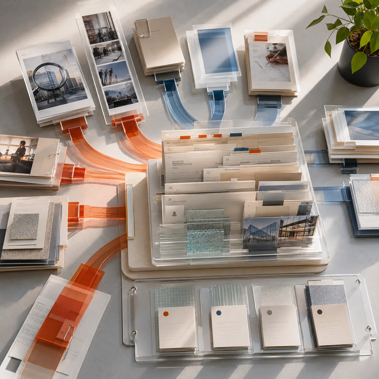 Orange and blue ribbons linking incoming cards and samples into one central client archive, with sorted index tabs below