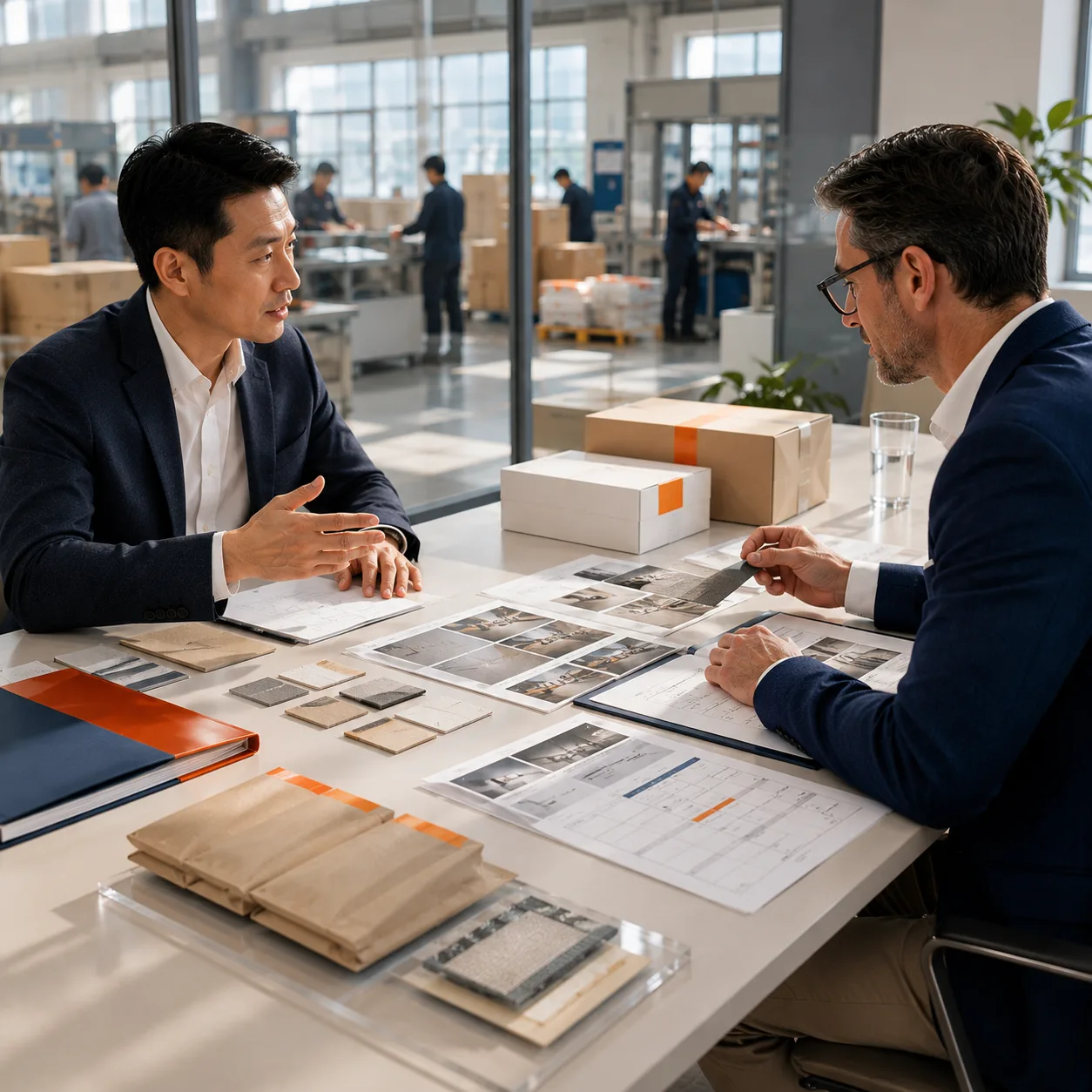 An overseas procurement director reviewing quality samples and delivery plans inside a factory