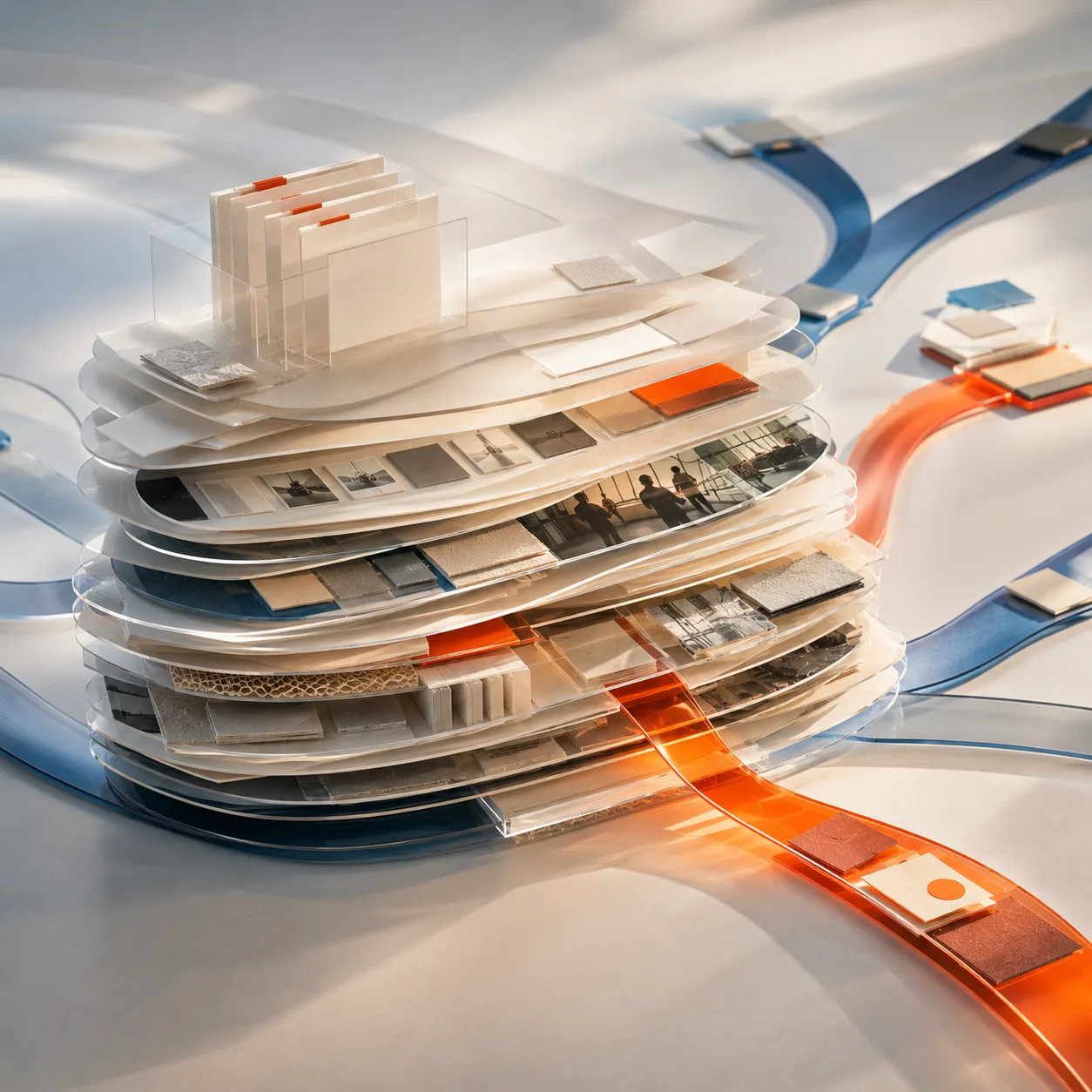 A layered core of accumulated samples with blue and orange paths extending outward — an owned SEO content asset