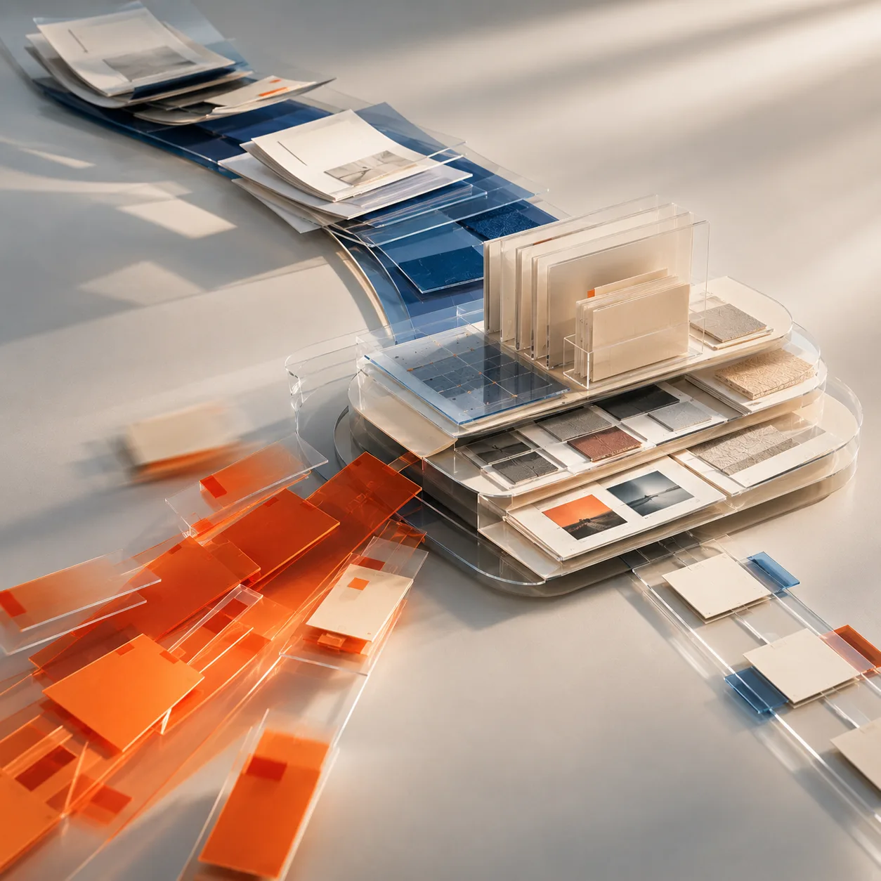 An orange stream and a blue-white layered stream converging into one central core — platform traffic and owned SEO working together