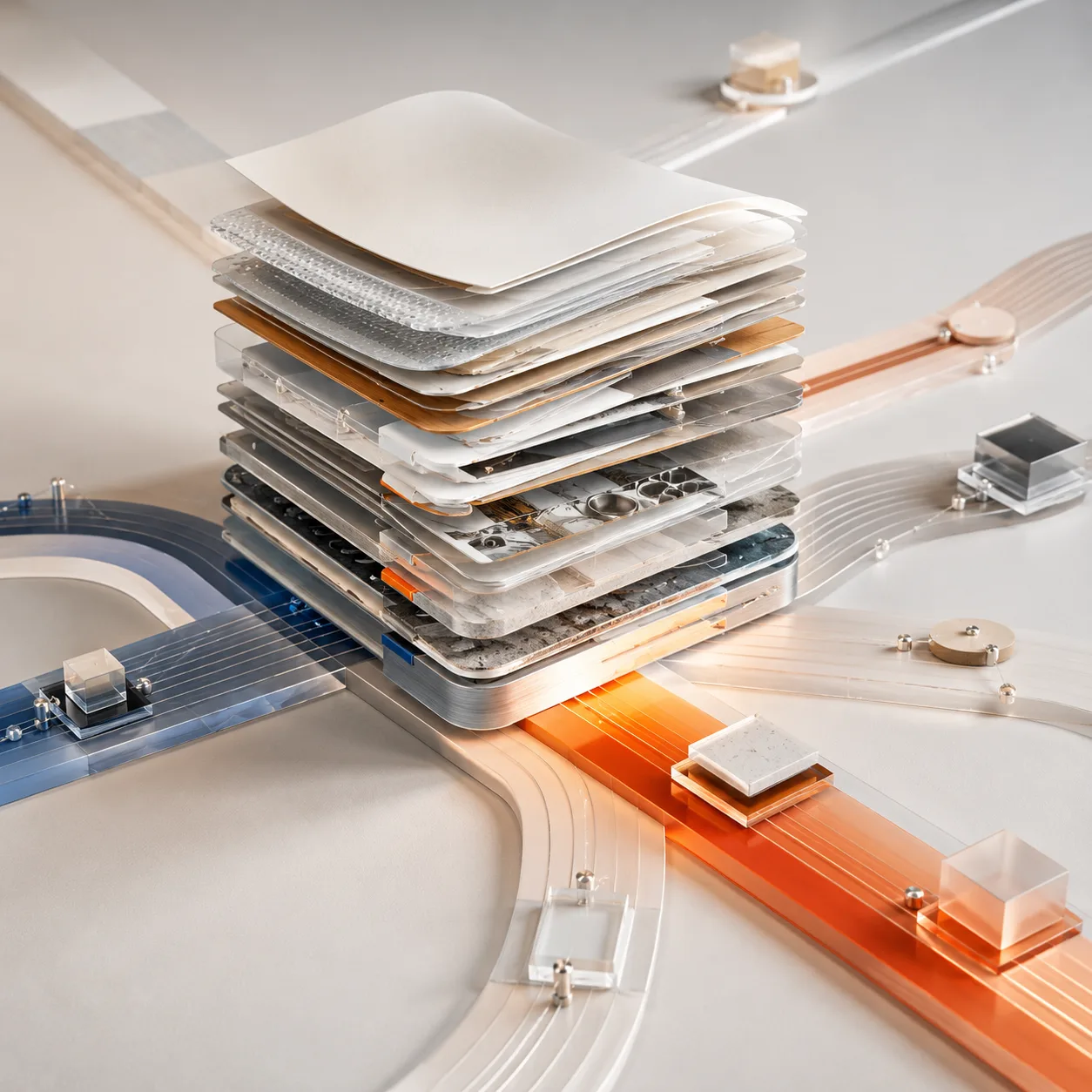 A layered stack of material samples branching into orange and blue paths — an owned lead system beyond Alibaba inquiries